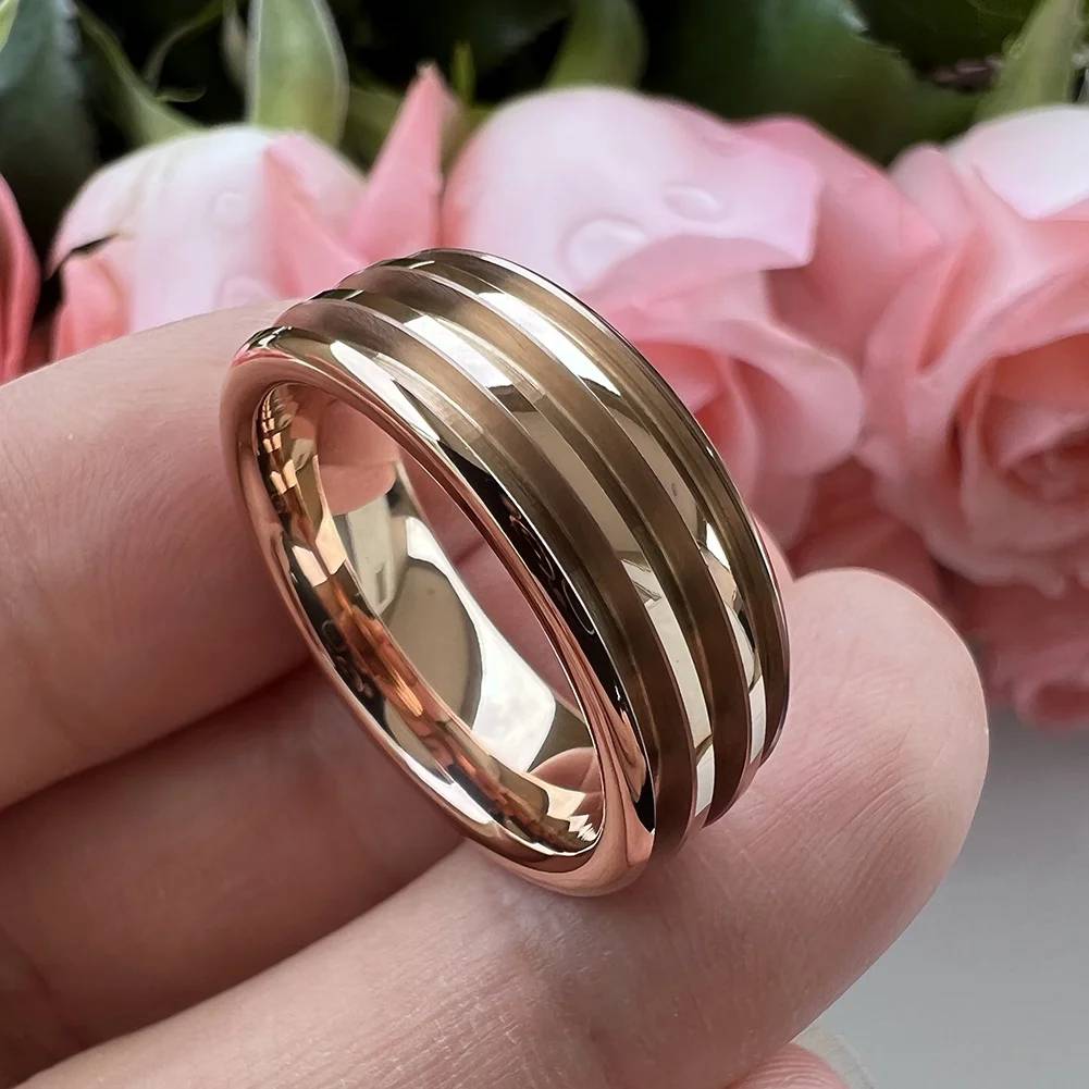 8mm Rose Gold Tungsten Blank Ring for Customized Inlay with 1.1mm Treble Grooves Domed Comfort Fit