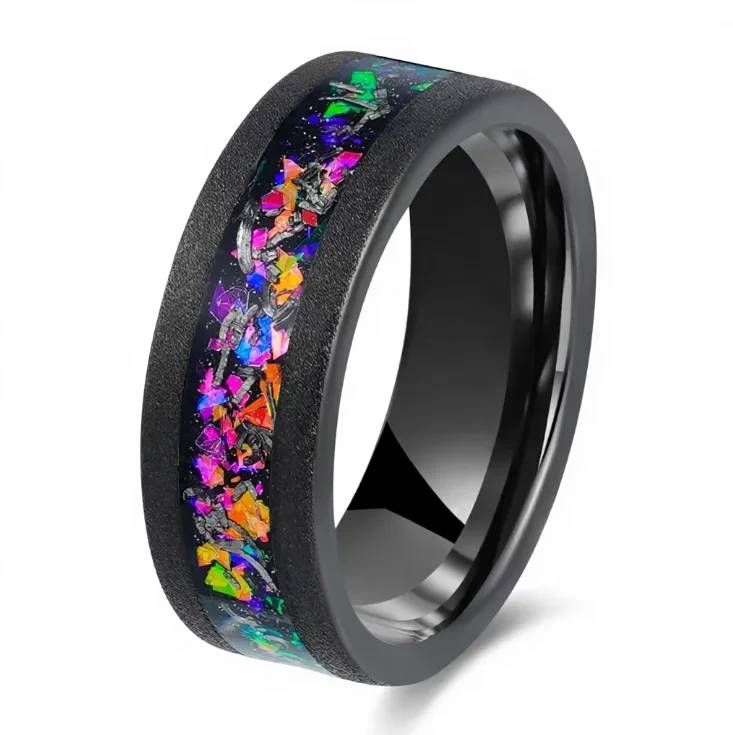 8mm Black Tungsten Ring Colorful Galaxy Opal Meteorite Inlay Anniversary Wedding Band for Men Women