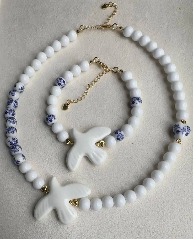 Chinoiserie Style Beaded Necklace with Blue Floral Porcelain Beads and White Dove Pendant, Handmade Ceramic Jewelry for Women