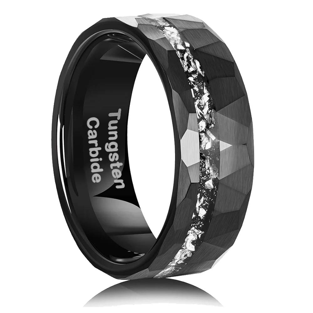 8mm Black Hammered Tungsten Carbide Ring Real Meteorite Shaving Inlay Wedding Band Comfort Fit Men's Promise Jewelry Ring