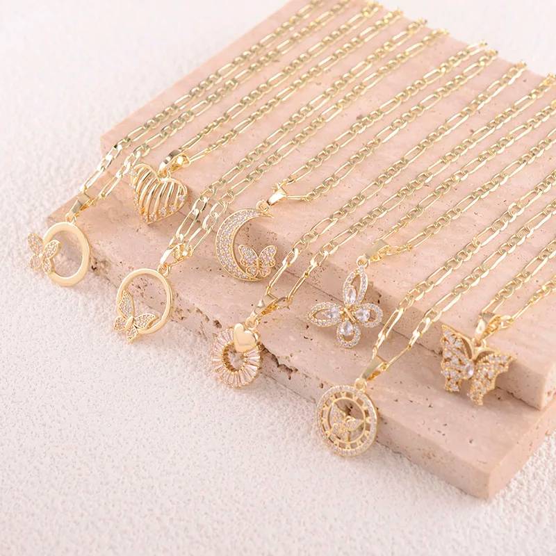 14K Gold Plated butterfly Flower Heart Shape Pendant Copper Necklaces for Women Fashion Jewelry Flower Design