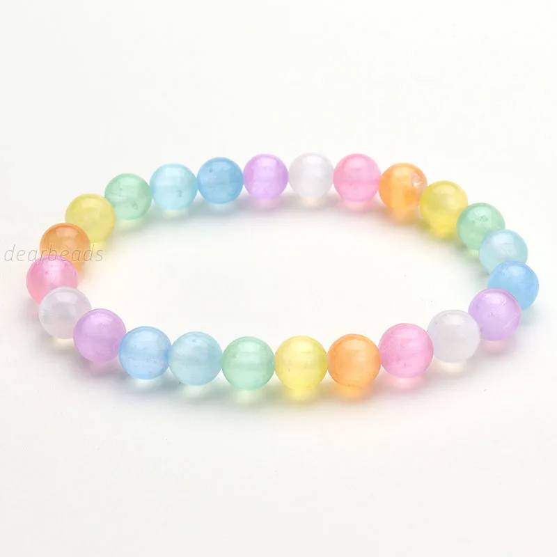 Genuine Natural Gem Rainbow Selenite Beaded Bracelet, Colorful Mix Moroccan Selenite Durable Stretch Bracelets for Women Jewelry