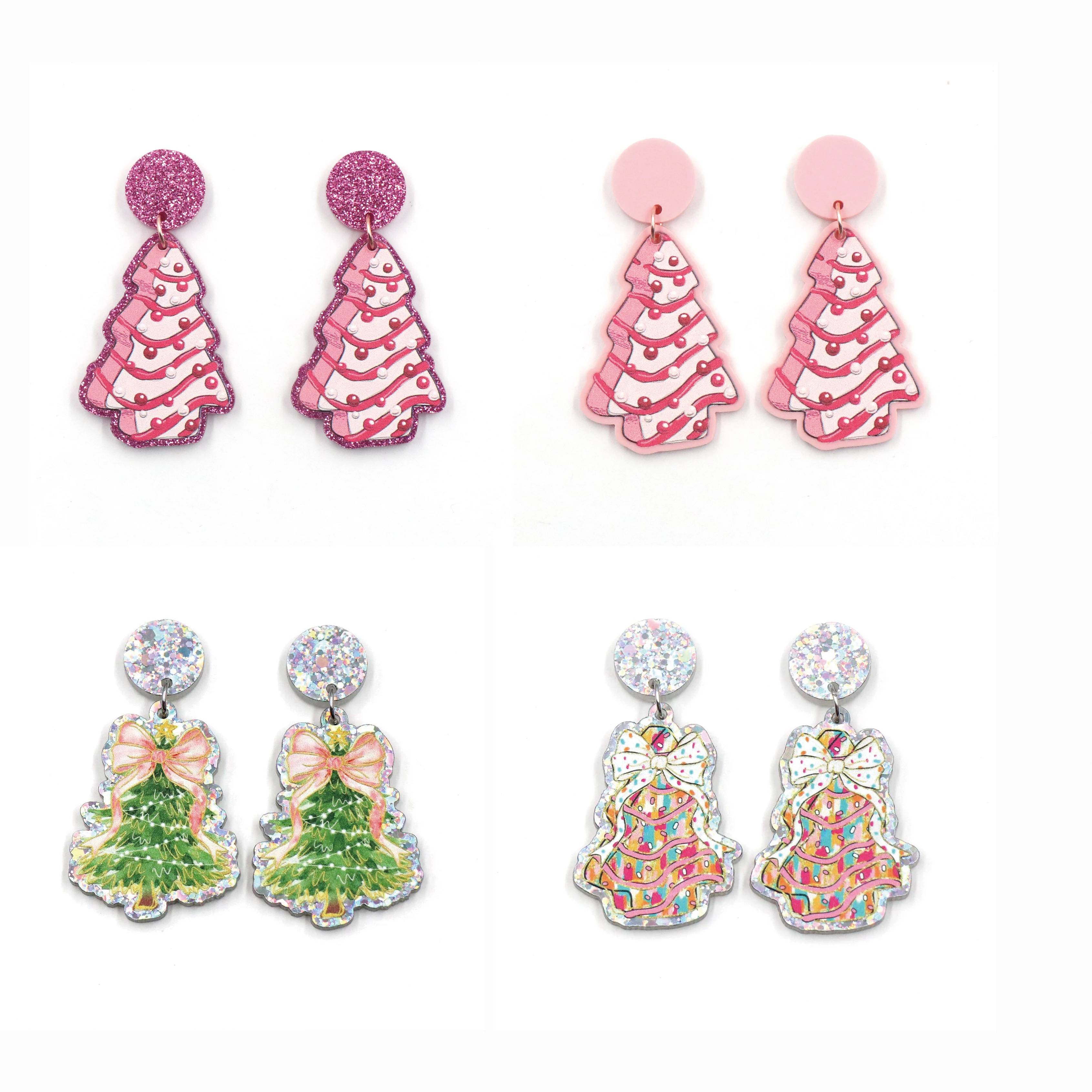 Merry Christmas Tree House Earrings Stainless Steel Pink Acrylic Laser Cut Jewelry for Women Whole Supplier China