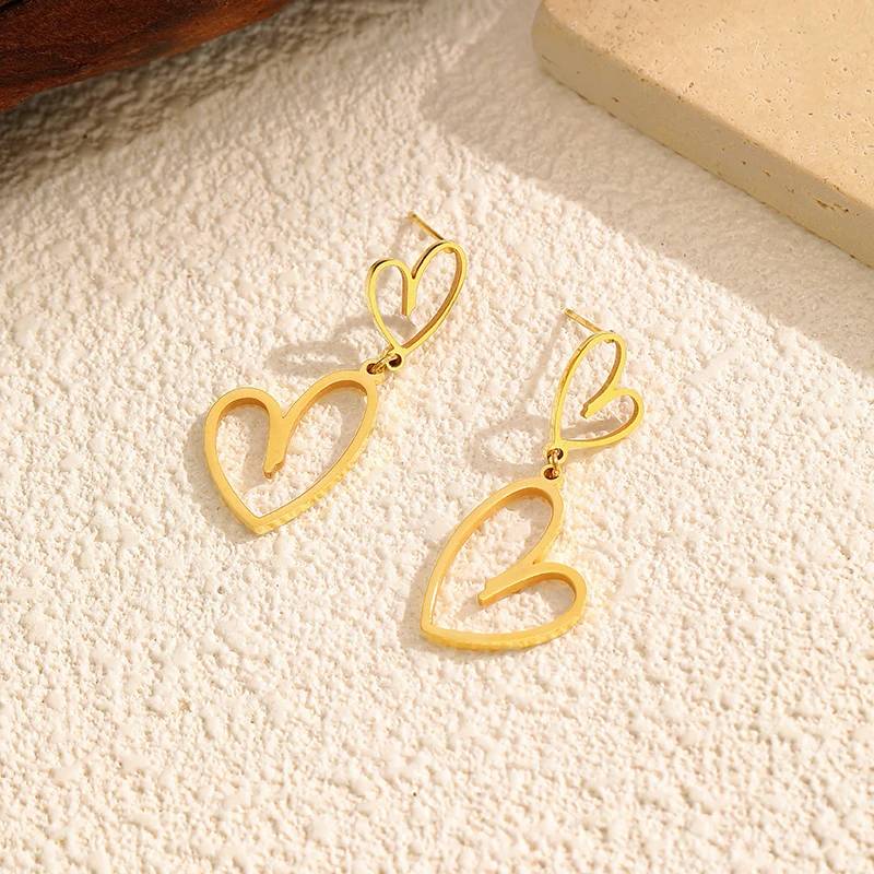 Lonceen Jewelry 18K镀金不锈钢镂空双心吊坠耳环，女士款 - 优雅派对及日常佩戴