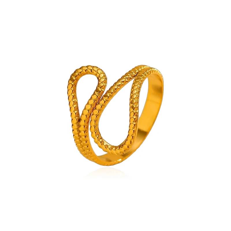 Lonceen Jewelry 女士简约纹理蛇形可调节开口戒指 18K 镀金不锈钢