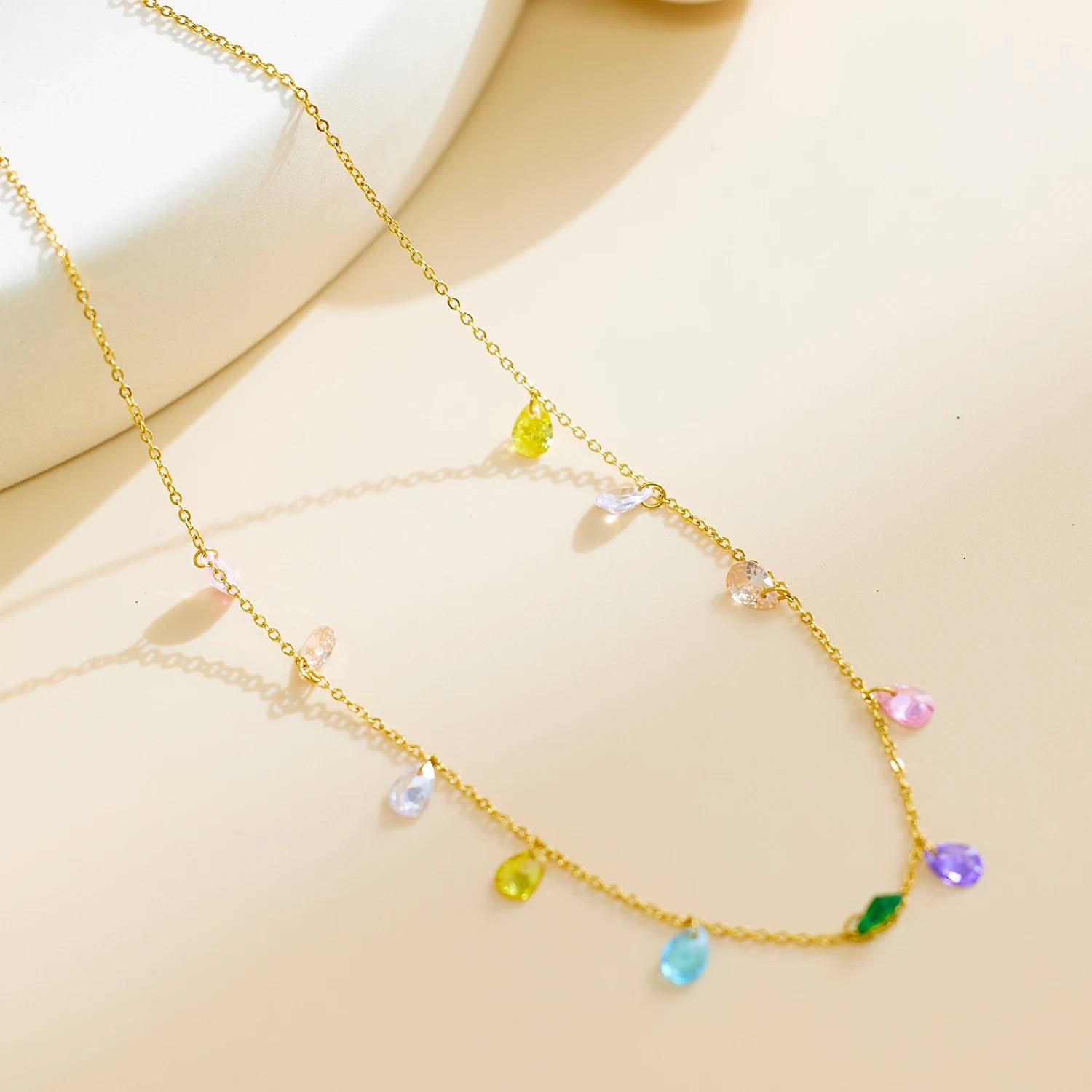 Gold Plated Shiny Colorful Zircon Chain Choker Stainless Steel Wholesale Fashion Jewelry Necklace