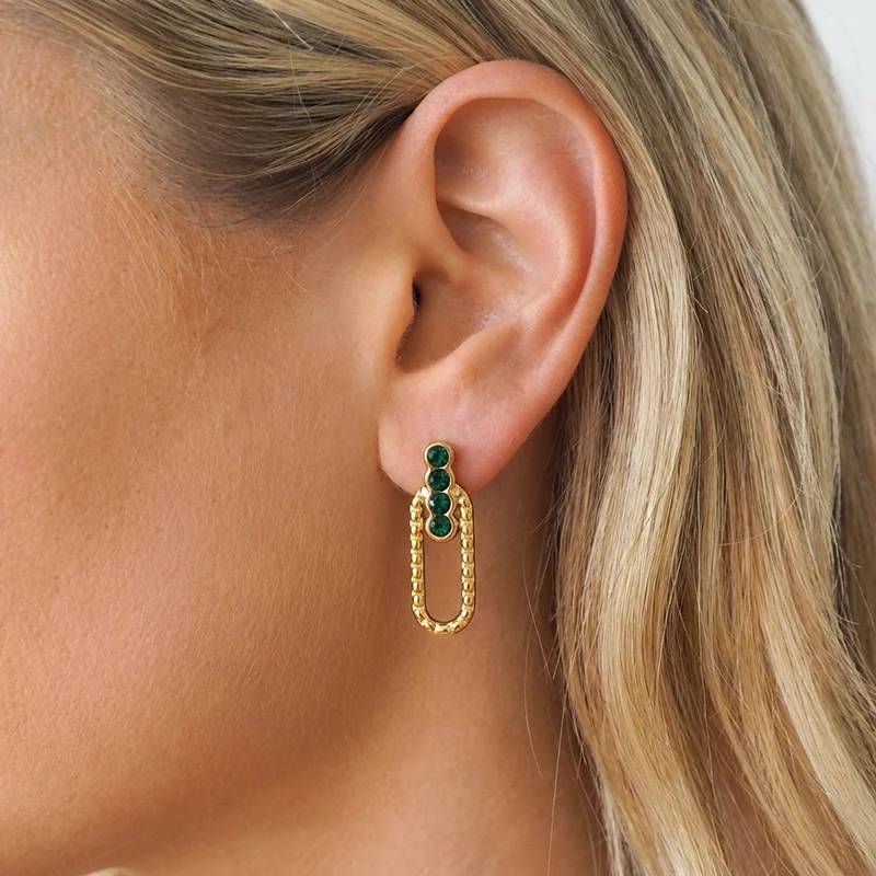 Lonceen Jewelry 18K镀金不锈钢绿色水晶回形针吊坠耳环