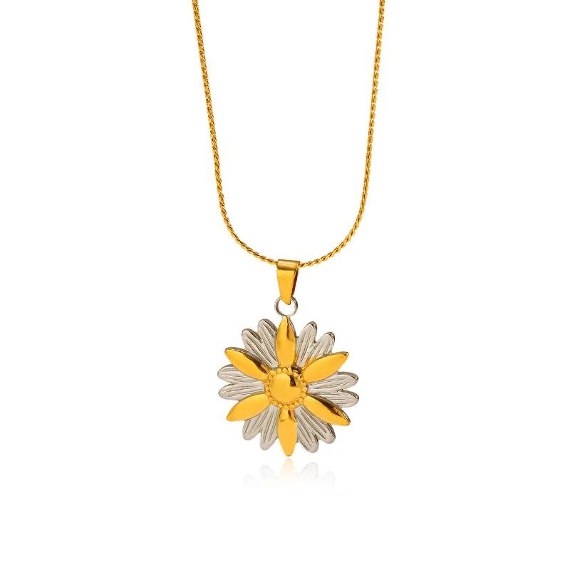 Lonceen Jewelry 18K镀金双色雏菊吊坠项链，不锈钢材质，女士款