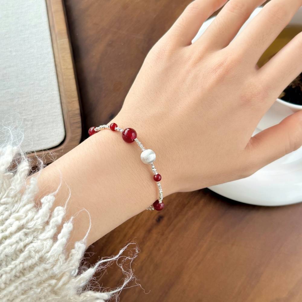Lonceen 925 Italy Silver Bracelets with Retro Red Beads and Sterling Silver Charms