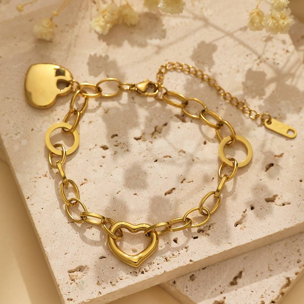 Stainless steel 18k gold-plated women's custom Cuban chain hollow heart-shaped fashion jewelry bracelet