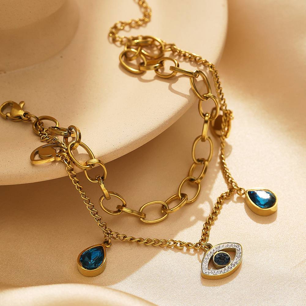 Waterproof, non-oxidizing, retro 18k gold-plated stainless steel women's chain with zircon eyes, double Cuban chain, fashionable jewelry bracelet