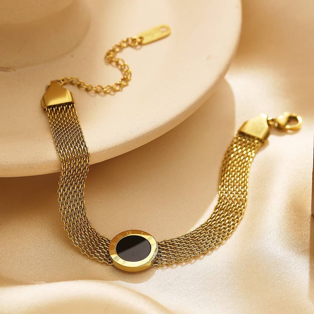 Stainless steel mesh-shaped round Roman numeral women's fashion jewelry bracelet with 18k gold plating