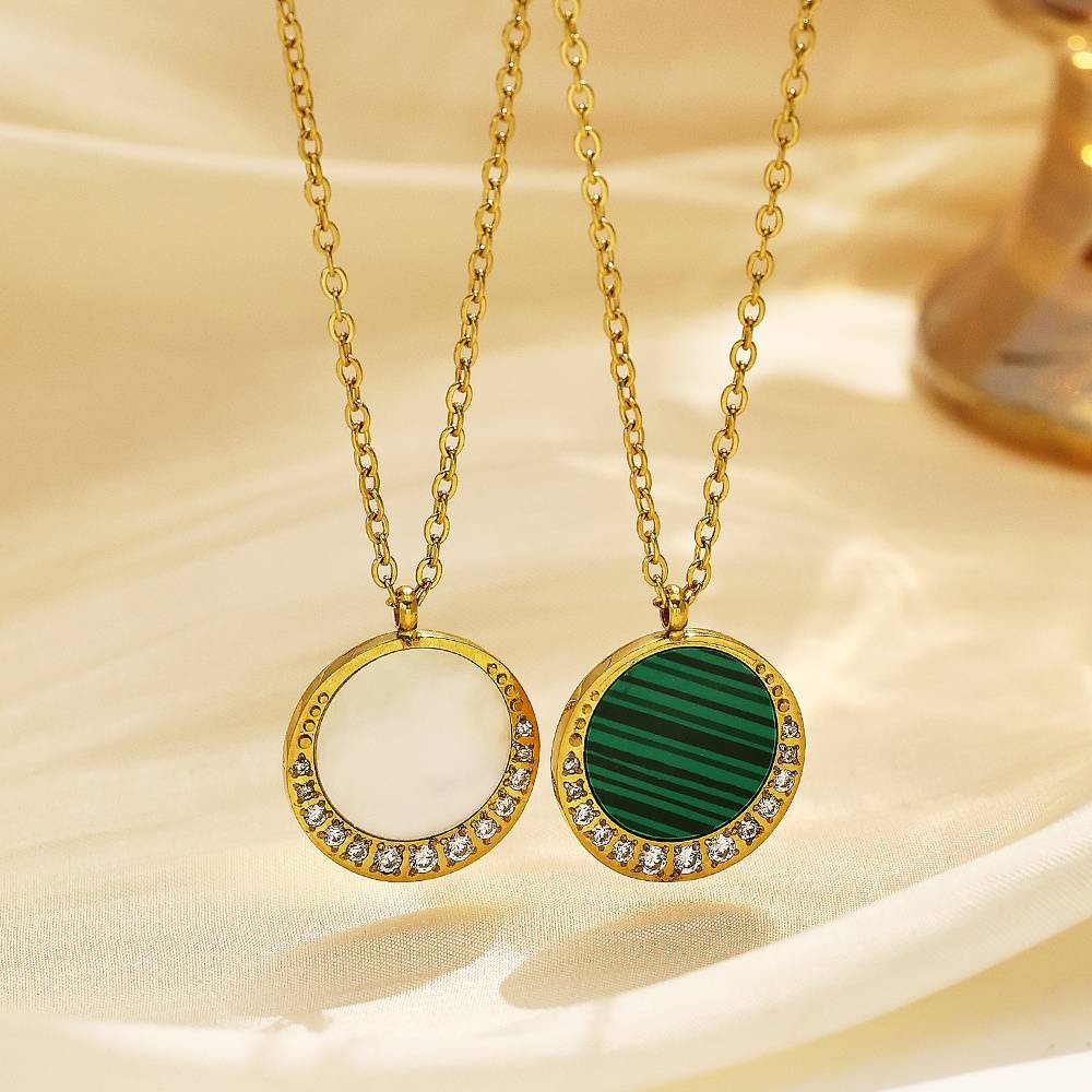 Fashion wholesale stainless steel 18k gold-plated zircon pendant, round crystal malachite women's fashion jewelry necklace