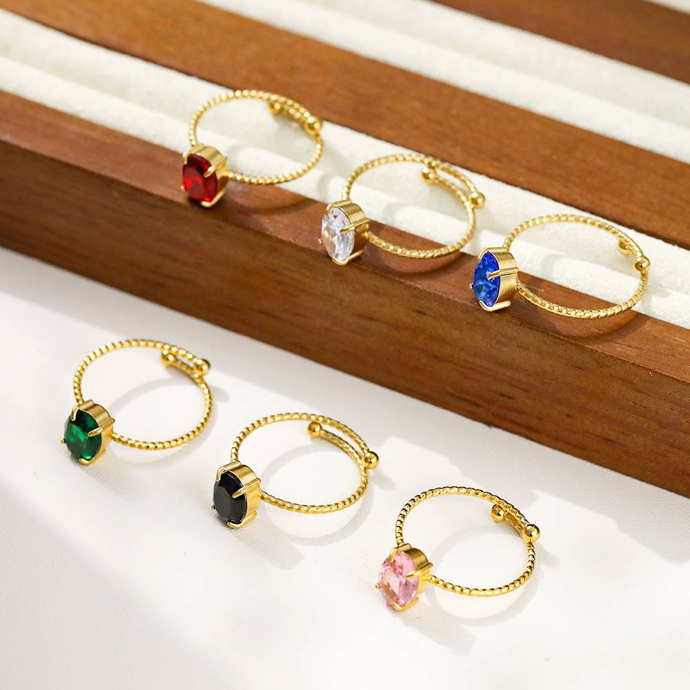 Cincin Perhiasan Fashion Hadiah Wanita Zirkonia Tidak Teroksidasi Kubik Alami Baja Tahan Karat Dapat Disesuaikan Terbuka Multiwarna Lapis Emas 18K Modis