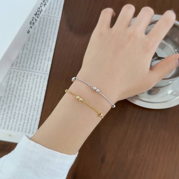 Lonceen 925 Silver 18K-Plated Beaded Bracelet (2-Tone Set) for Women