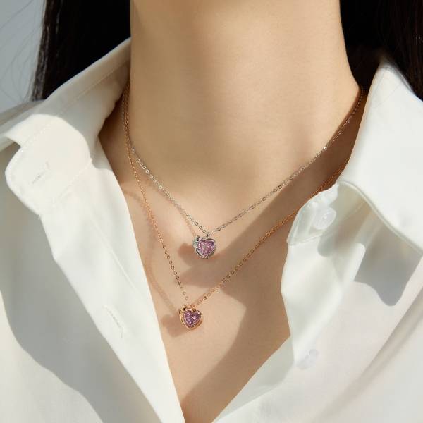 Lonceen 925 Silver 18K-Plated Pink Zircon Layered Silver Chain Necklace
