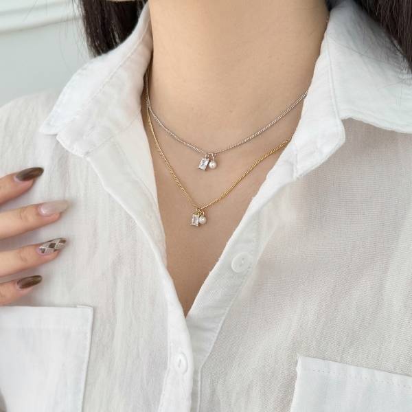 Lonceen 925 Silver 18K-Plated 5A Zircon & Pearl Pendant Silver Chain Necklace