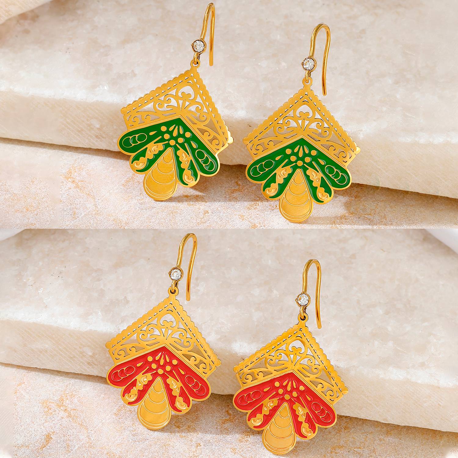 Lonceen Gold Plated Stainless Steel Enamel Hamsa Drop Earrings – Cultural Boho Jewelry