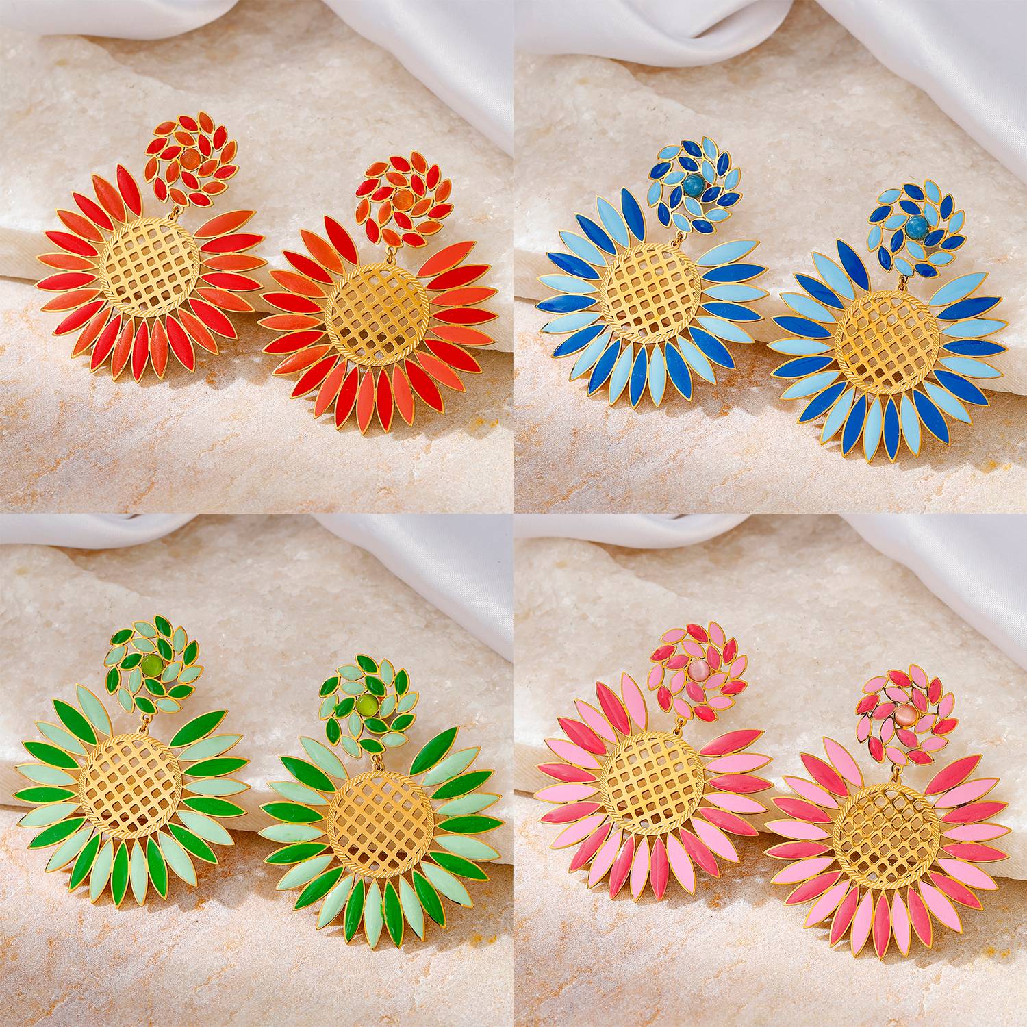 Lonceen Gold Plated Stainless Steel Sunflower Enamel Drop Earrings – Boho Floral Jewelry