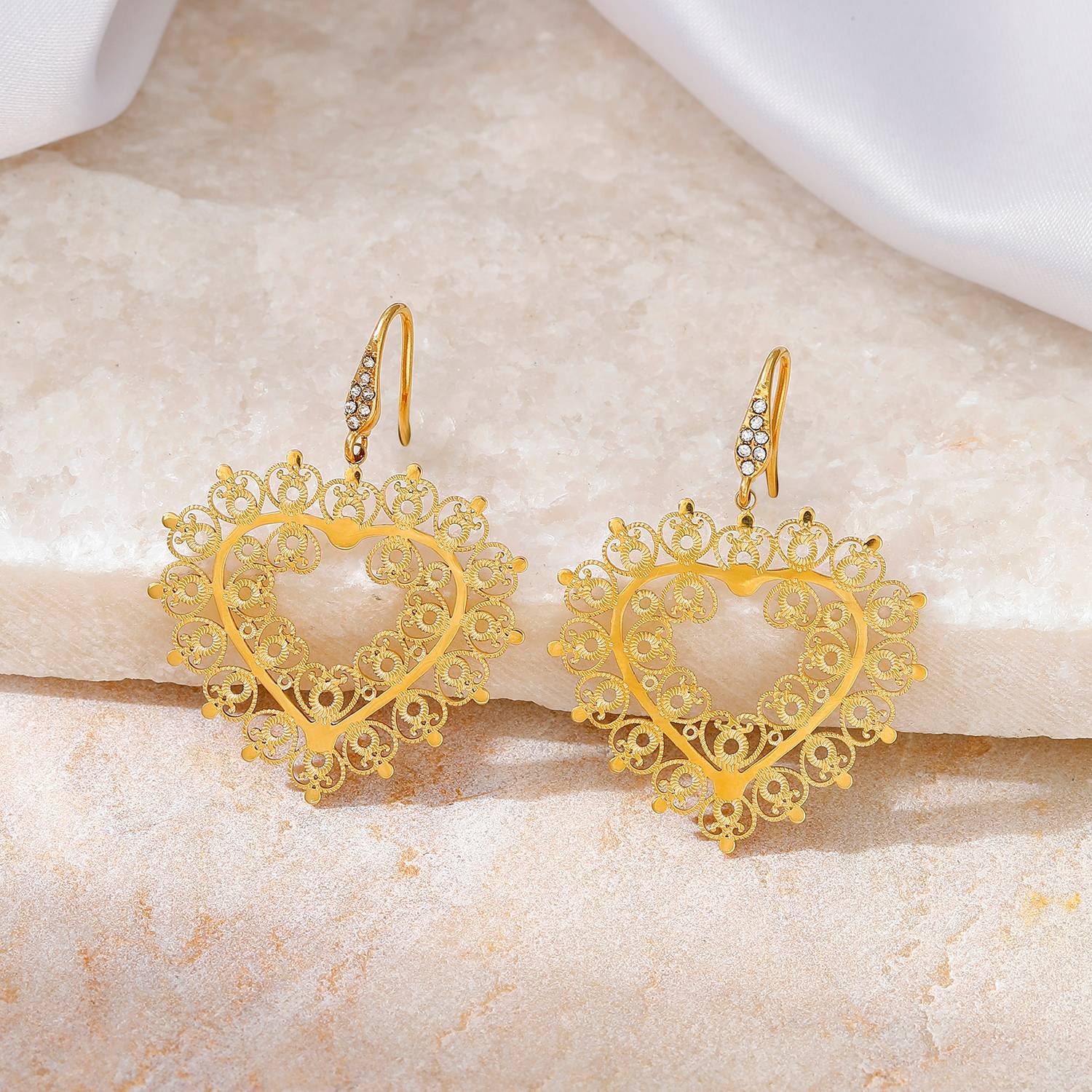 Lonceen Gold Plated Stainless Steel Filigree Heart Drop Earrings – Romantic Vintage Jewelry