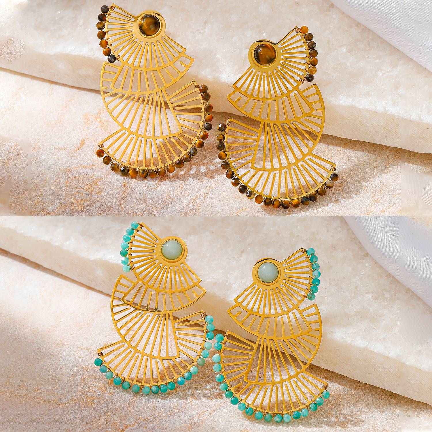 Lonceen Gold Plated Stainless Steel Tiered Fan Gemstone Drop Earrings – Boho Statement Jewelry