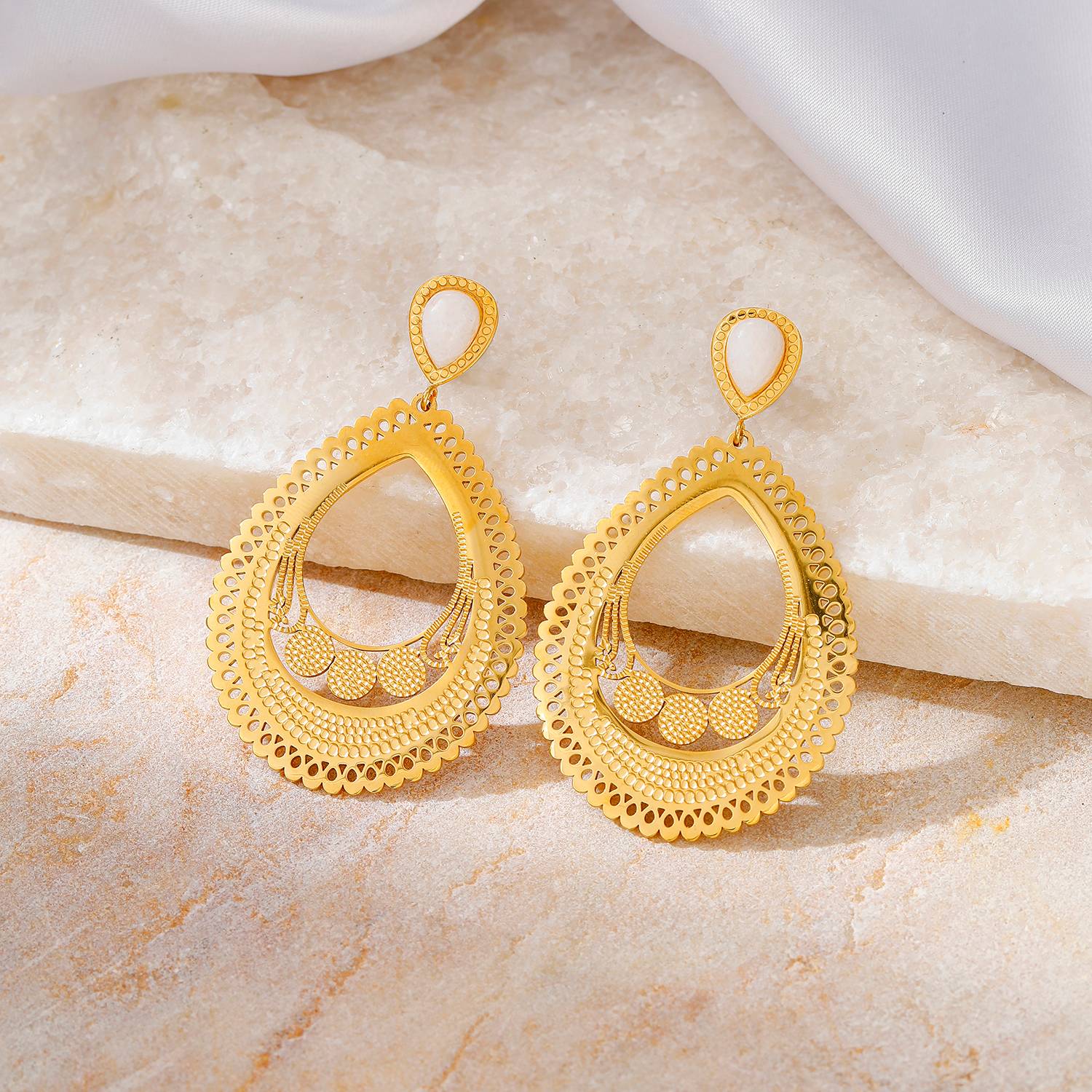 Lonceen Gold Plated Stainless Steel Filigree Teardrop Drop Earrings – Vintage Boho Jewelry