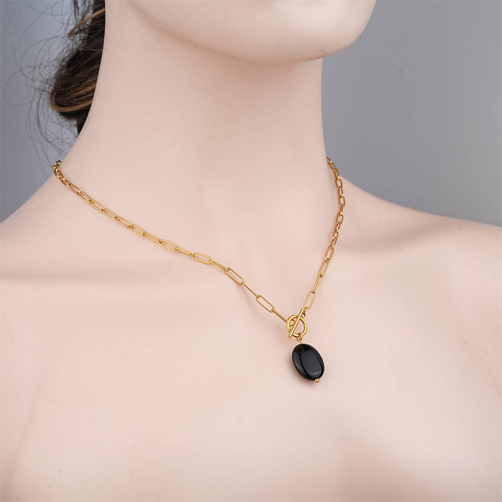 Lonceen Stainless Steel Necklace with Black Agate Stone