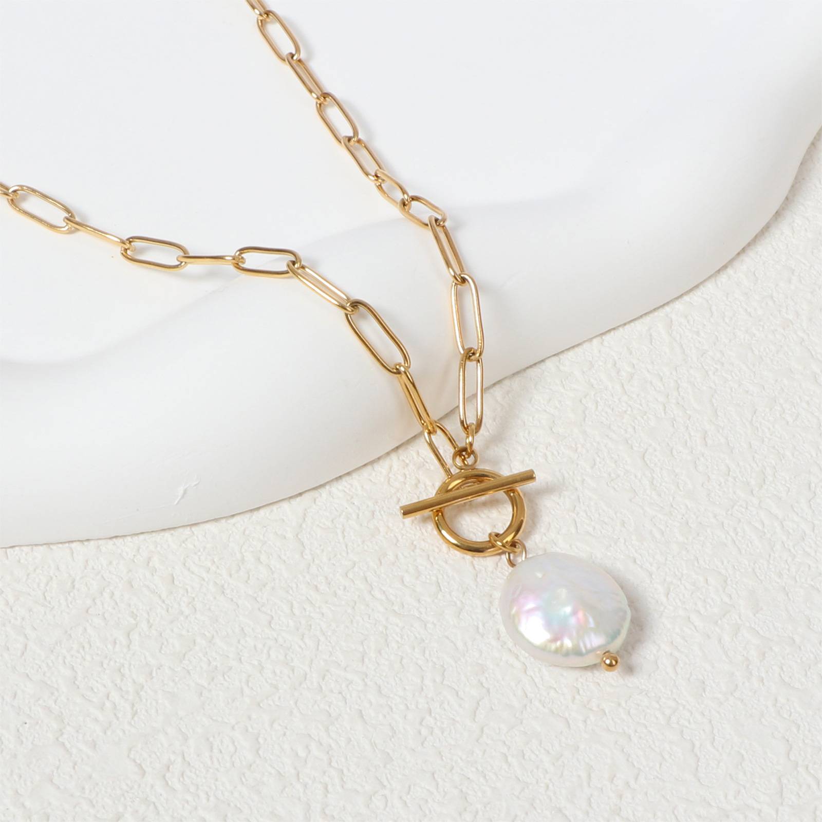 Stainless Steel Necklace Baroque Pearl OT Clasp