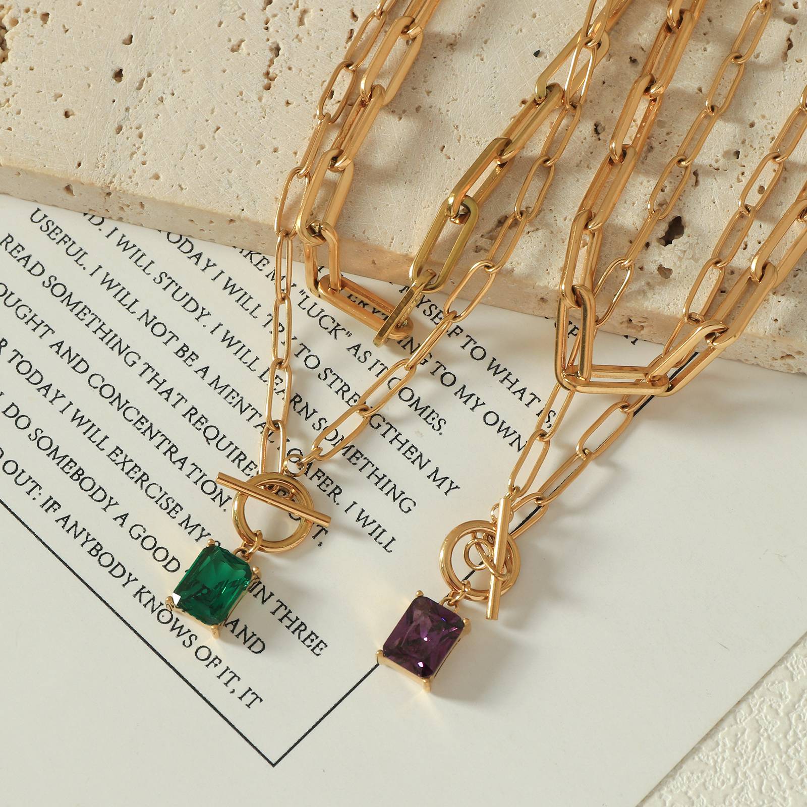 Stainless Steel Necklace with Purple CZ Double Chain