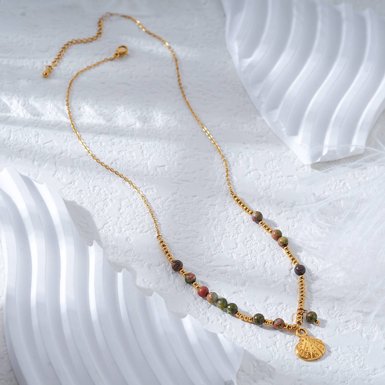 Stainless Steel Necklace with Imported Green Flower Beads