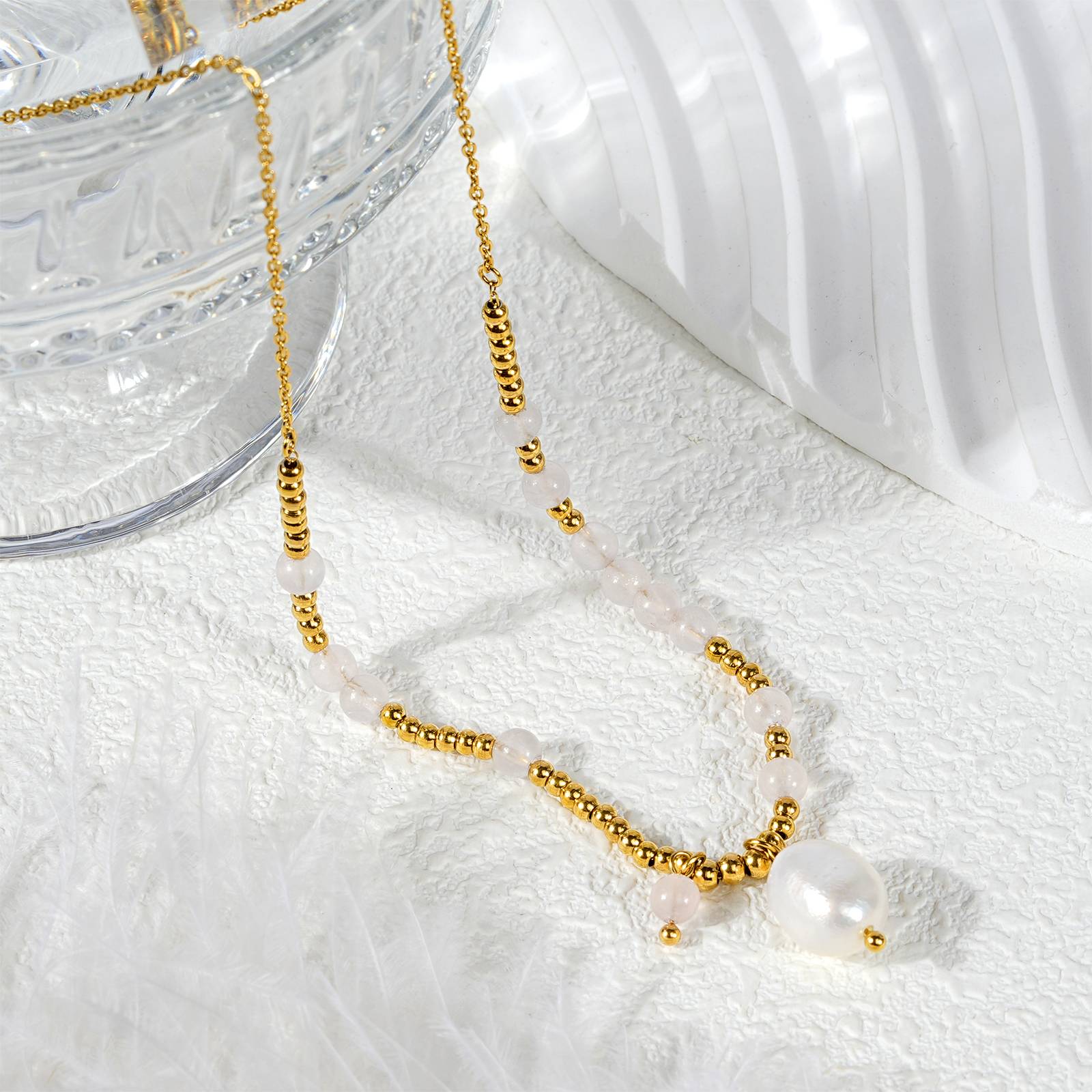 Stainless Steel Necklace with Turquoise Beads Pearl Pendant