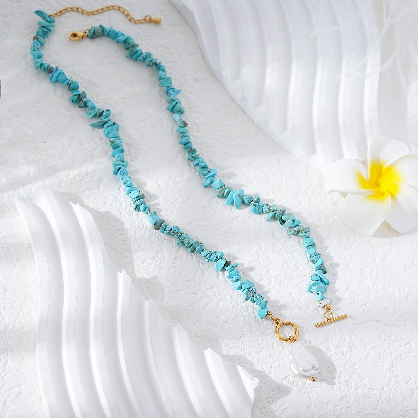 Stainless Steel Necklace with Turquoise Chip Pearl