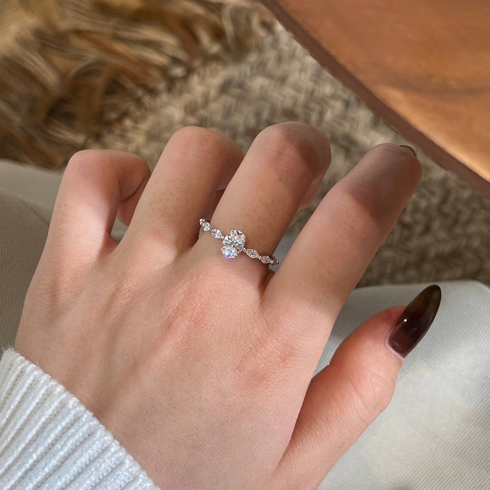 Moissanite Ring 925 Sterling Silver Oval with Side Stones