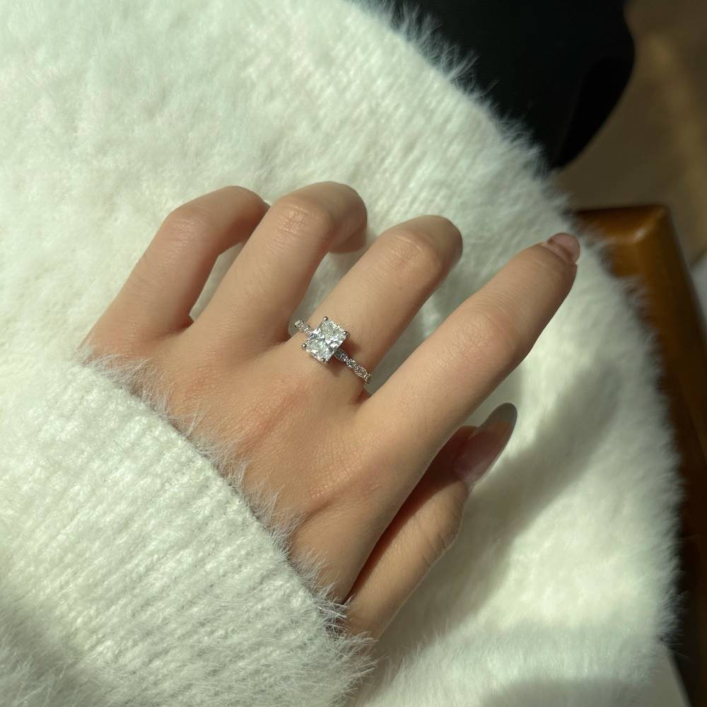 Moissanite Ring 925 Sterling Silver Radiant Cut Accent Design