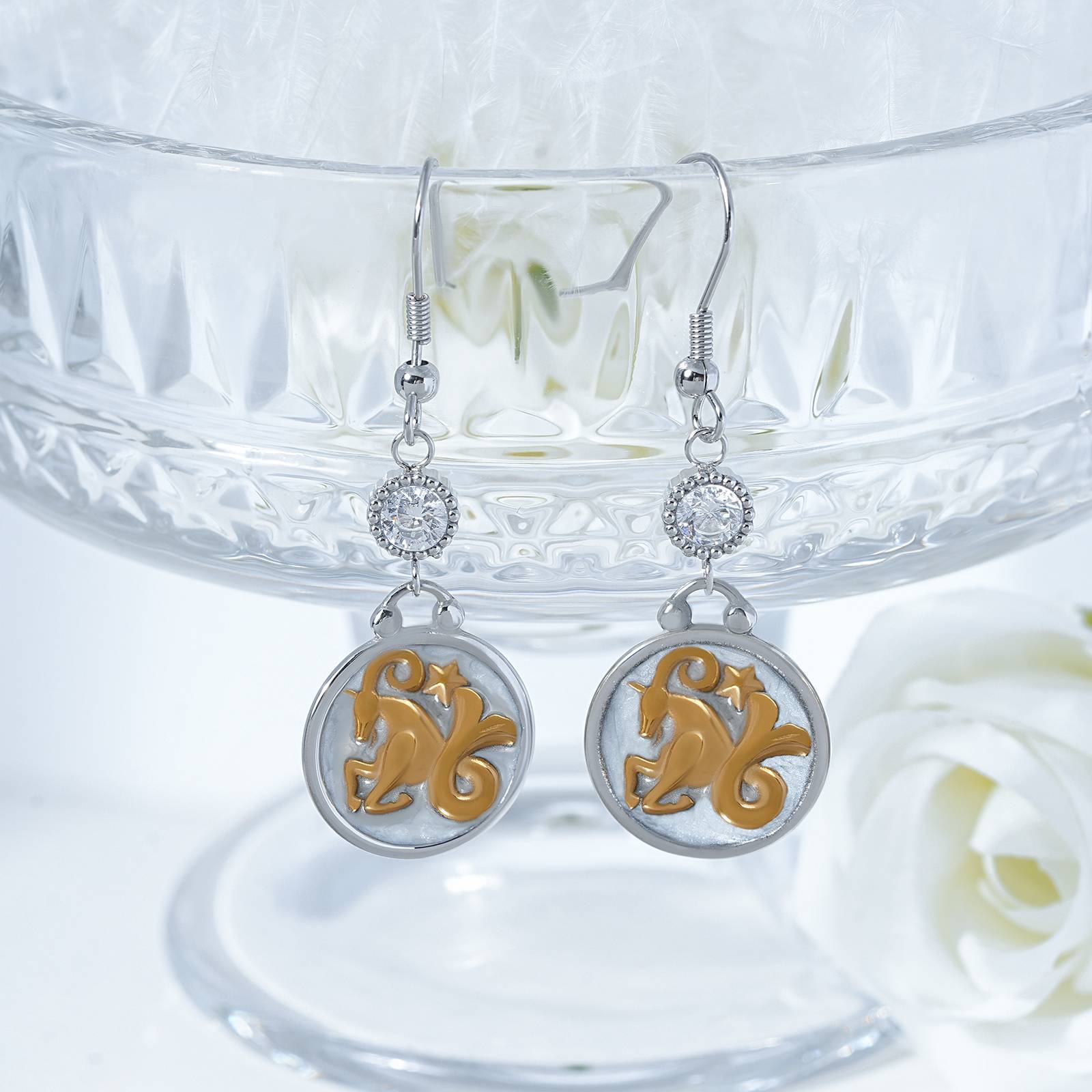 Lonceen Stainless Steel Capricorn Earrings with CZ Pearl