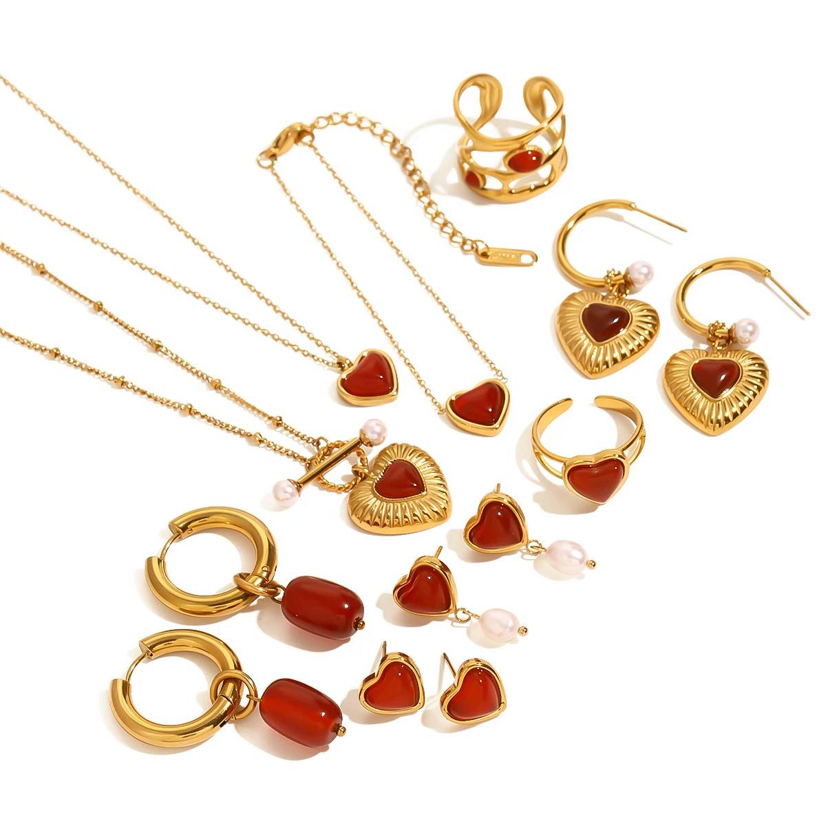J&D Jewelry 18K Gold Stainless Steel Red Agate Natural Stone Pendant Necklace Rings Earrings Christmas Gift
