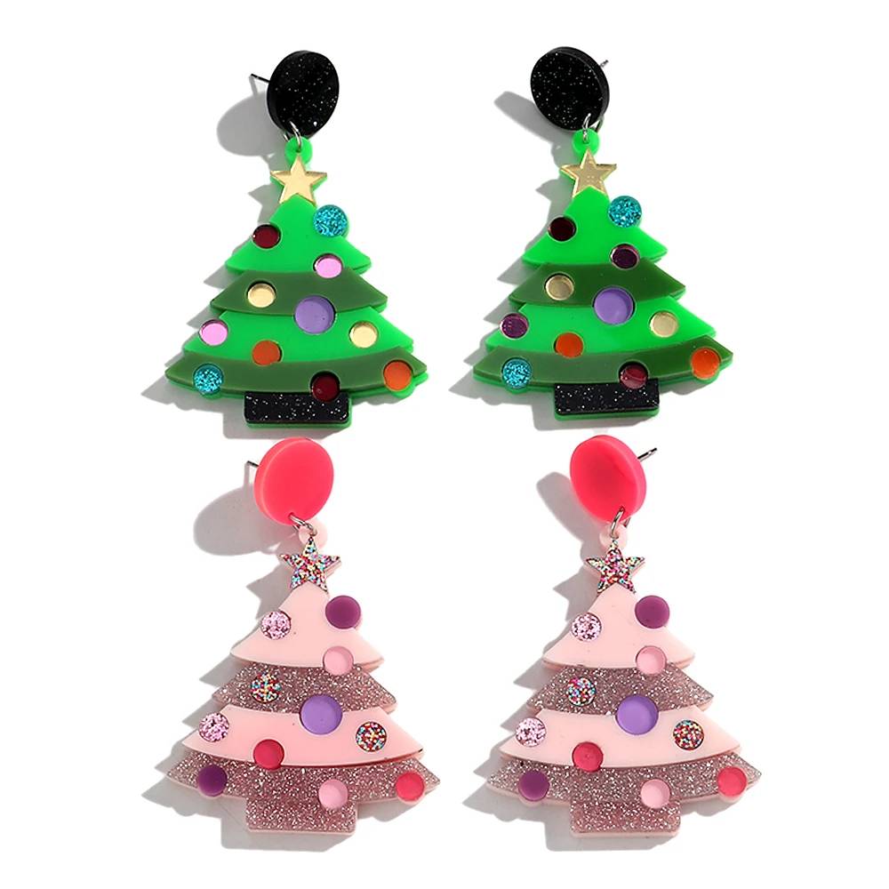 Anting-anting Akrilik Bentuk Pohon Natal Berkilau Warna-warni