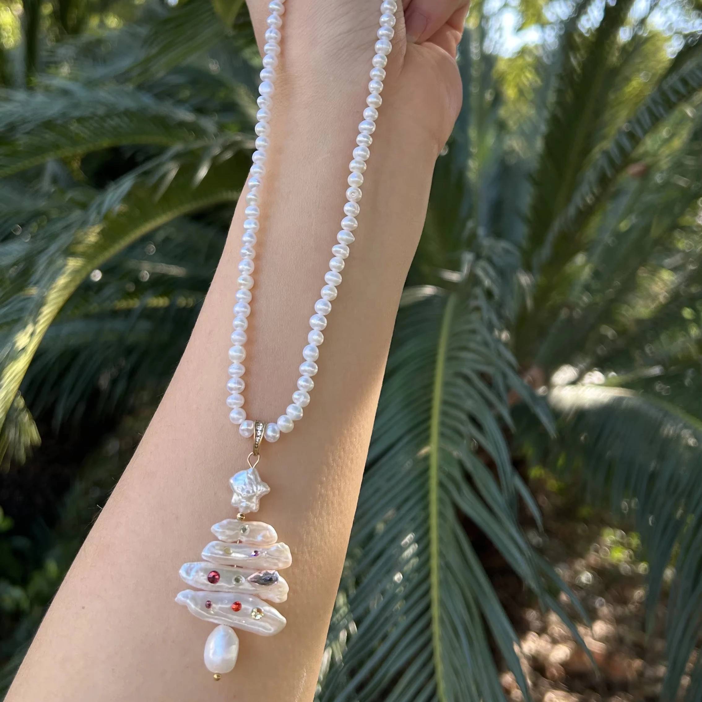 Kalung Liontin Pohon Natal Mutiara Barok Putih