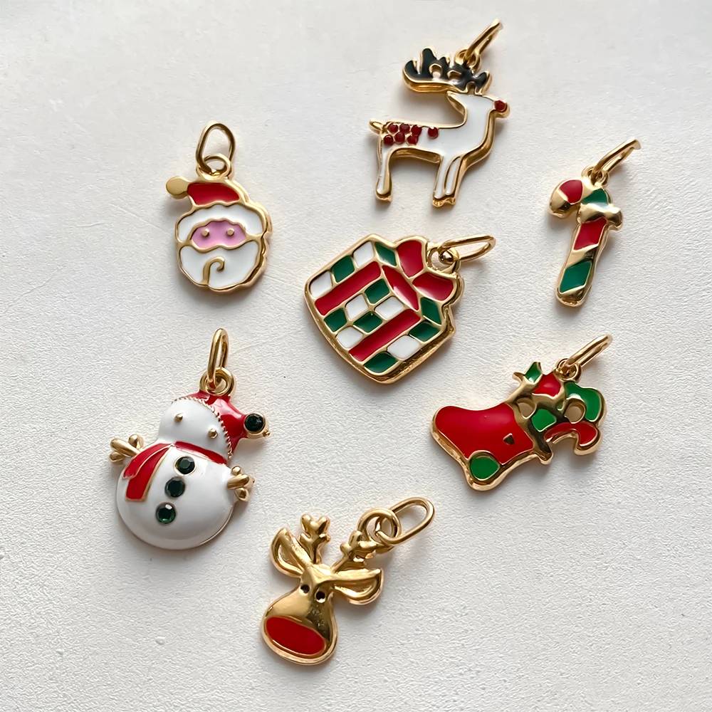 EManco Charm Christmas Enamel Pendant Santa Snowman Reindeer Tree Gold Tone DIY Jewelry Craft Holiday Party Supply