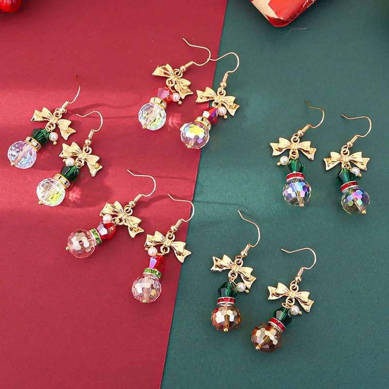 Gold Plated Christmas Snowman Bow Drop Earrings for Women