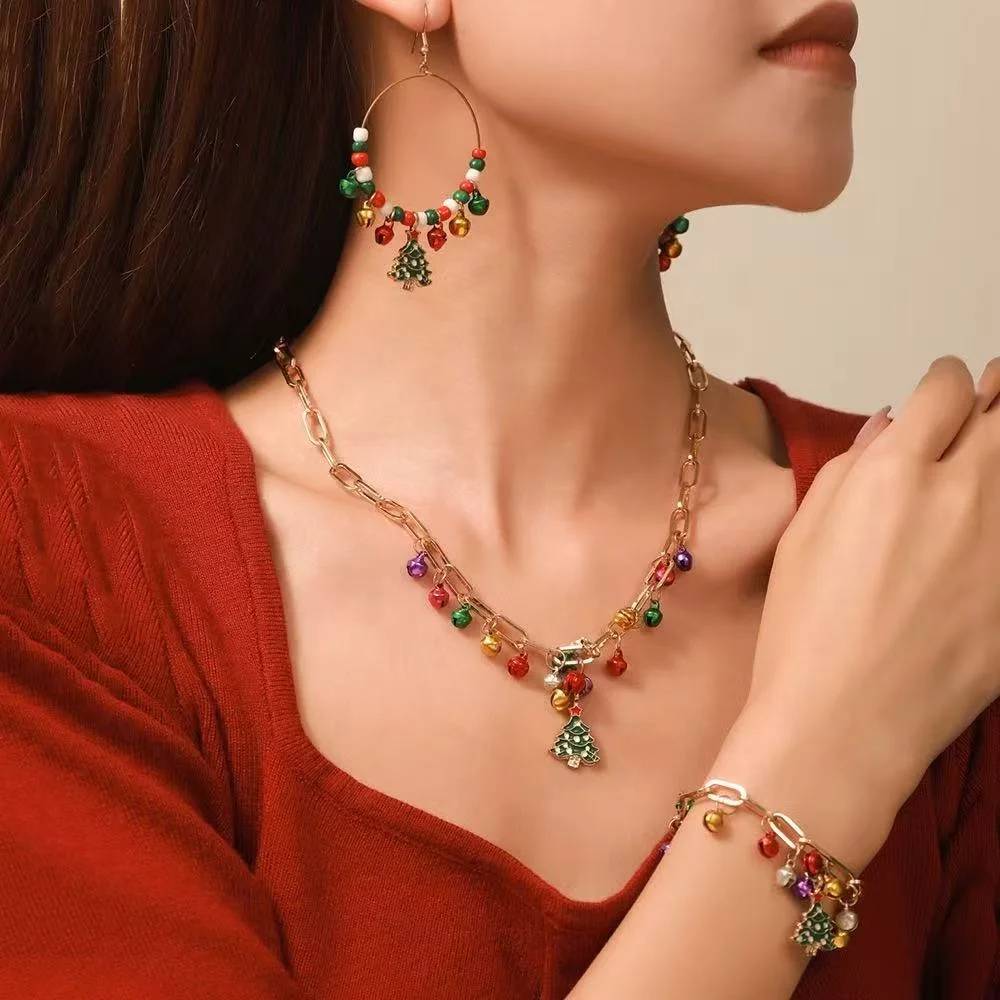 Women's 14K Gold Plated Christmas Tree Bell Jewelry Set