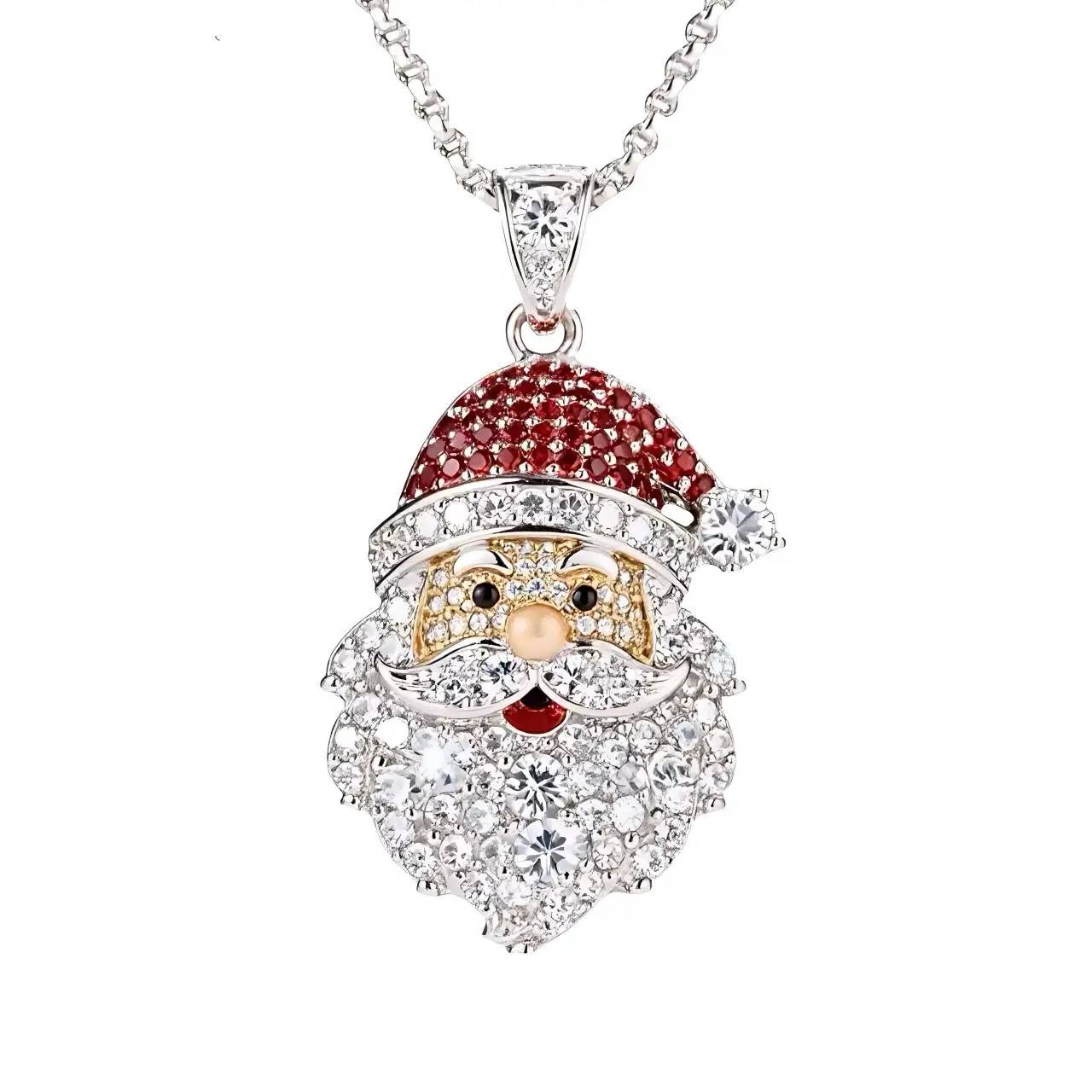 Hip Hop Silver Moissanite Christmas Santa Tree Snowman Elk Pendant Necklace