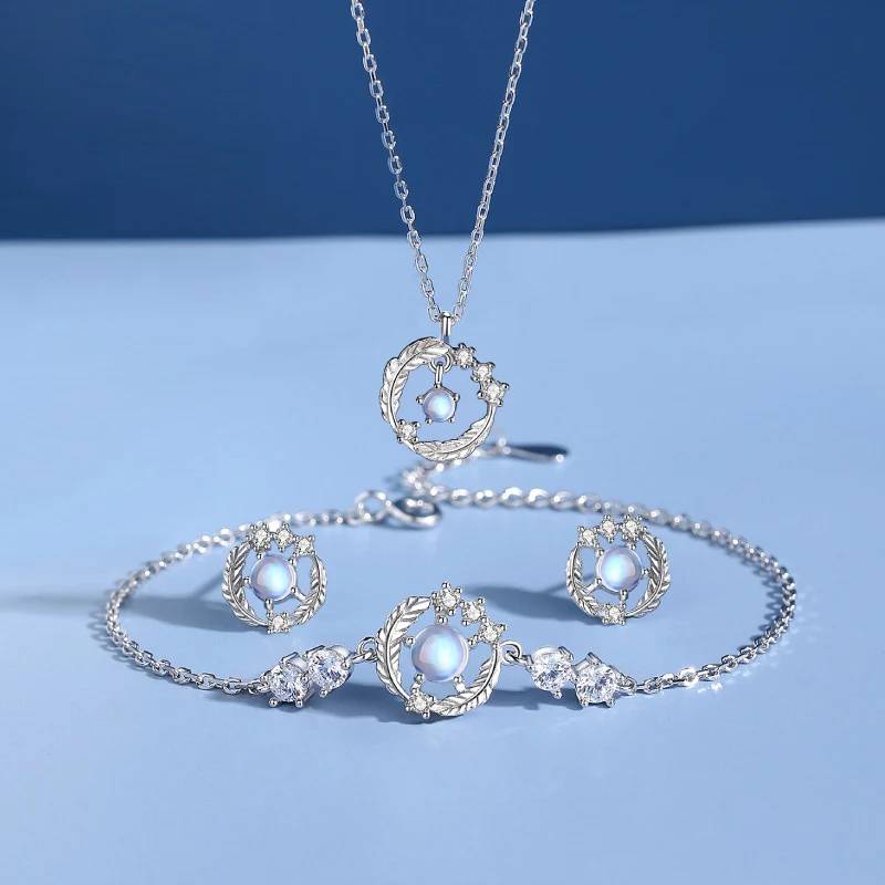 925 Sterling Silver Moonstone Feather Jewelry Set Necklace Earrings Bracelet