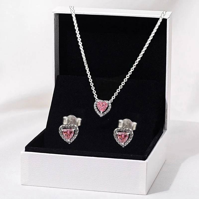 925 Sterling Silver Pink Heart Necklace and Earrings Set