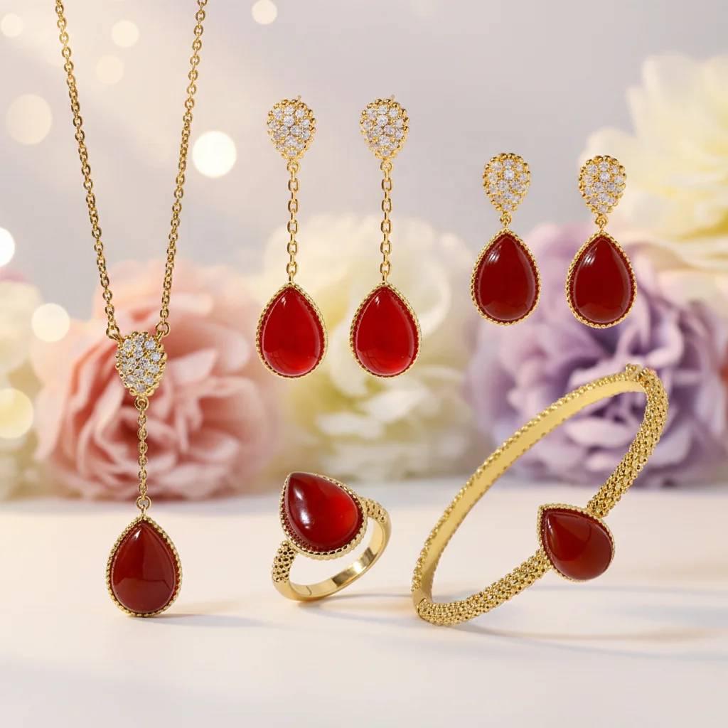 Valentine's Day Red Agate Heart Locket Jewelry Set