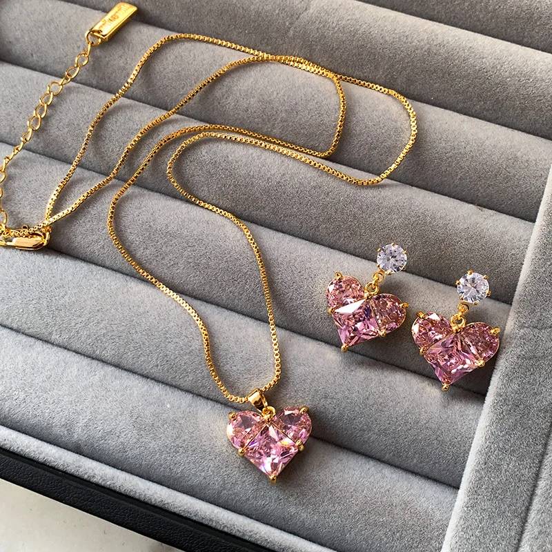Pink Heart Crystal Zircon Jewelry Set