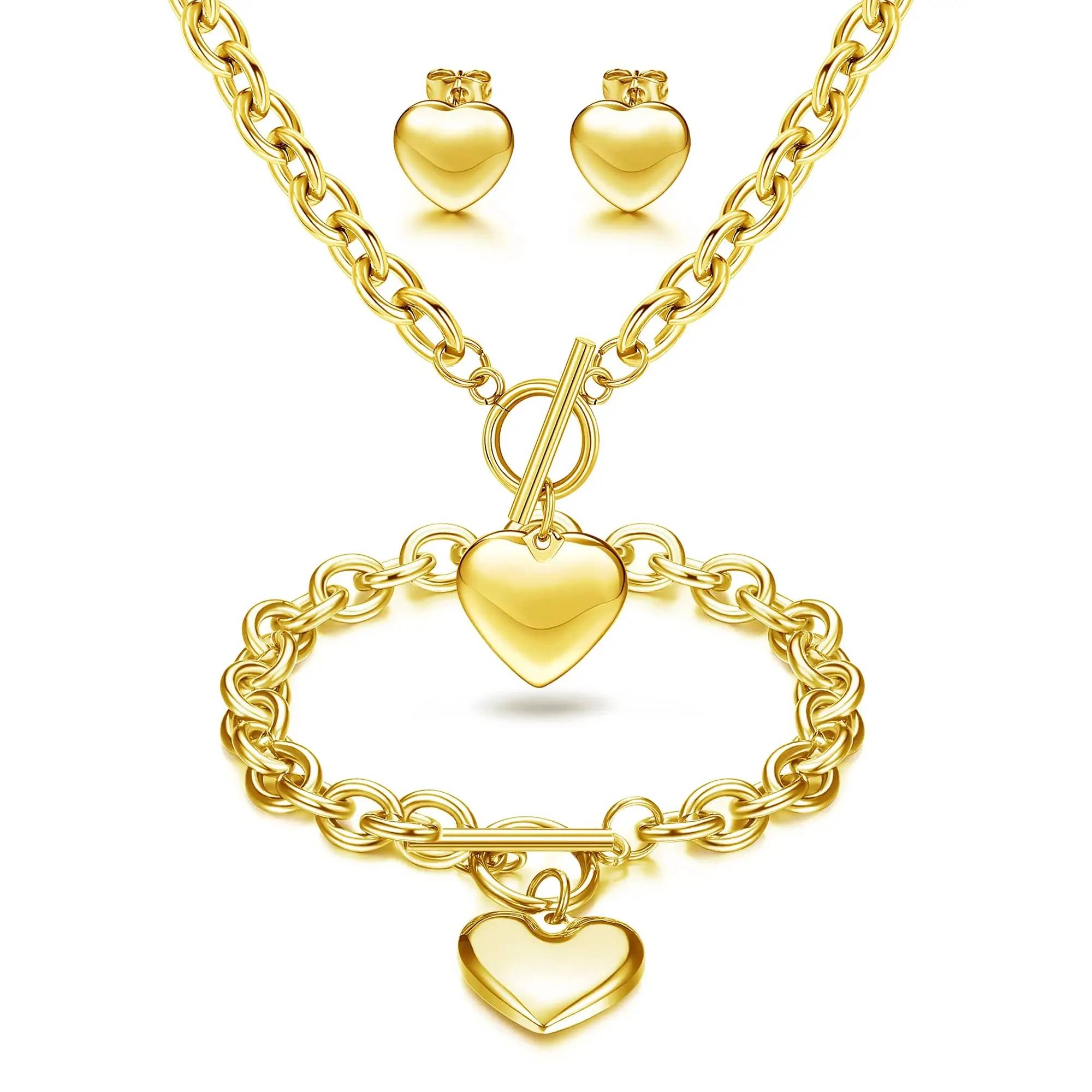 18K Gold Plated Stainless Steel Heart Necklace and Earrings Set