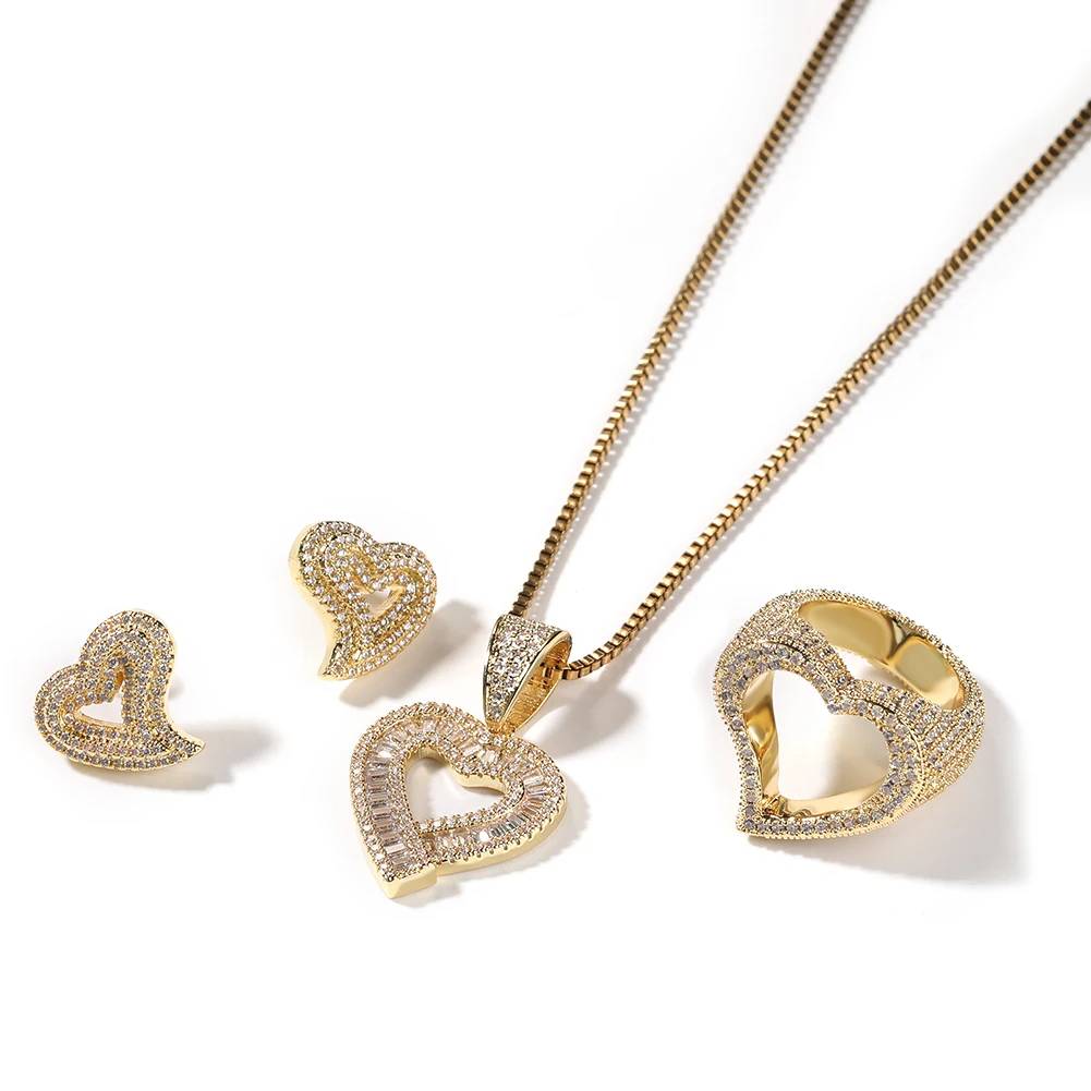 Iced Out CZ Hollow Heart Hip Hop Jewelry Set