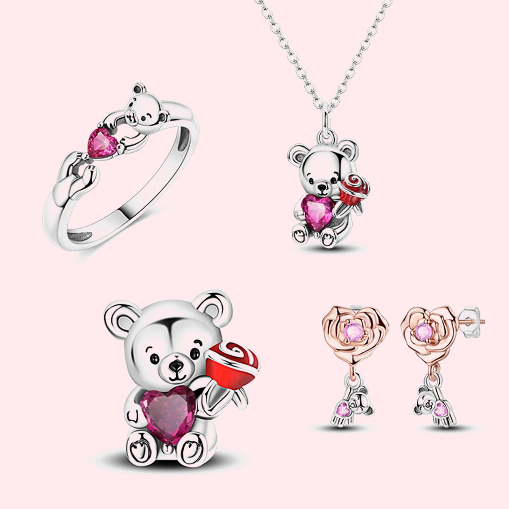 925 Sterling Silver Bear Hugging Pink Heart Jewelry Set