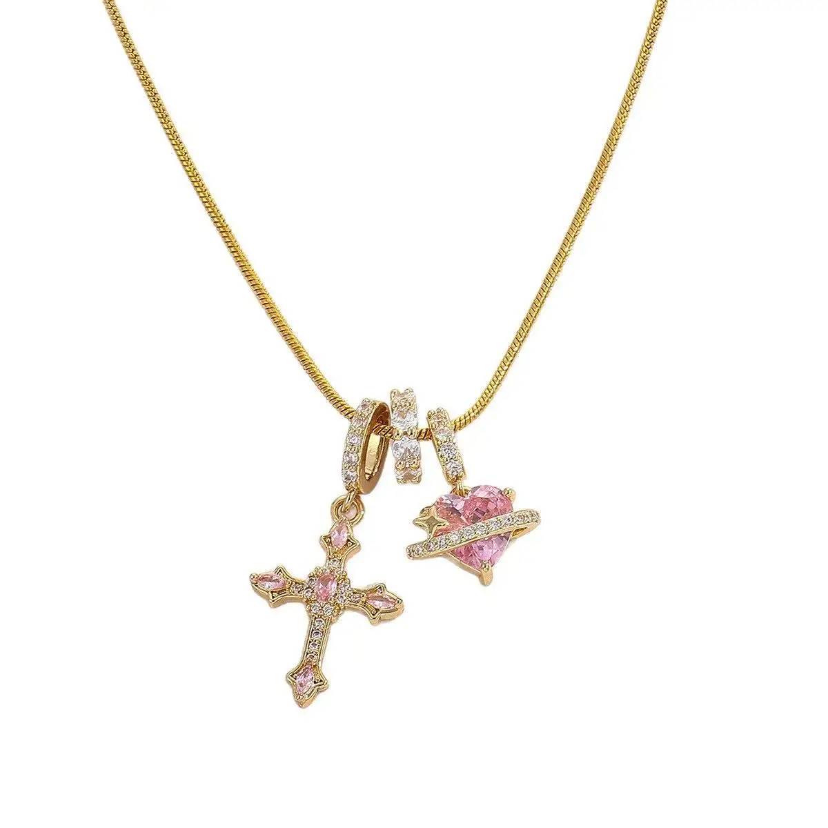 Geometric Gold Plated Cross Heart Zircon Necklace